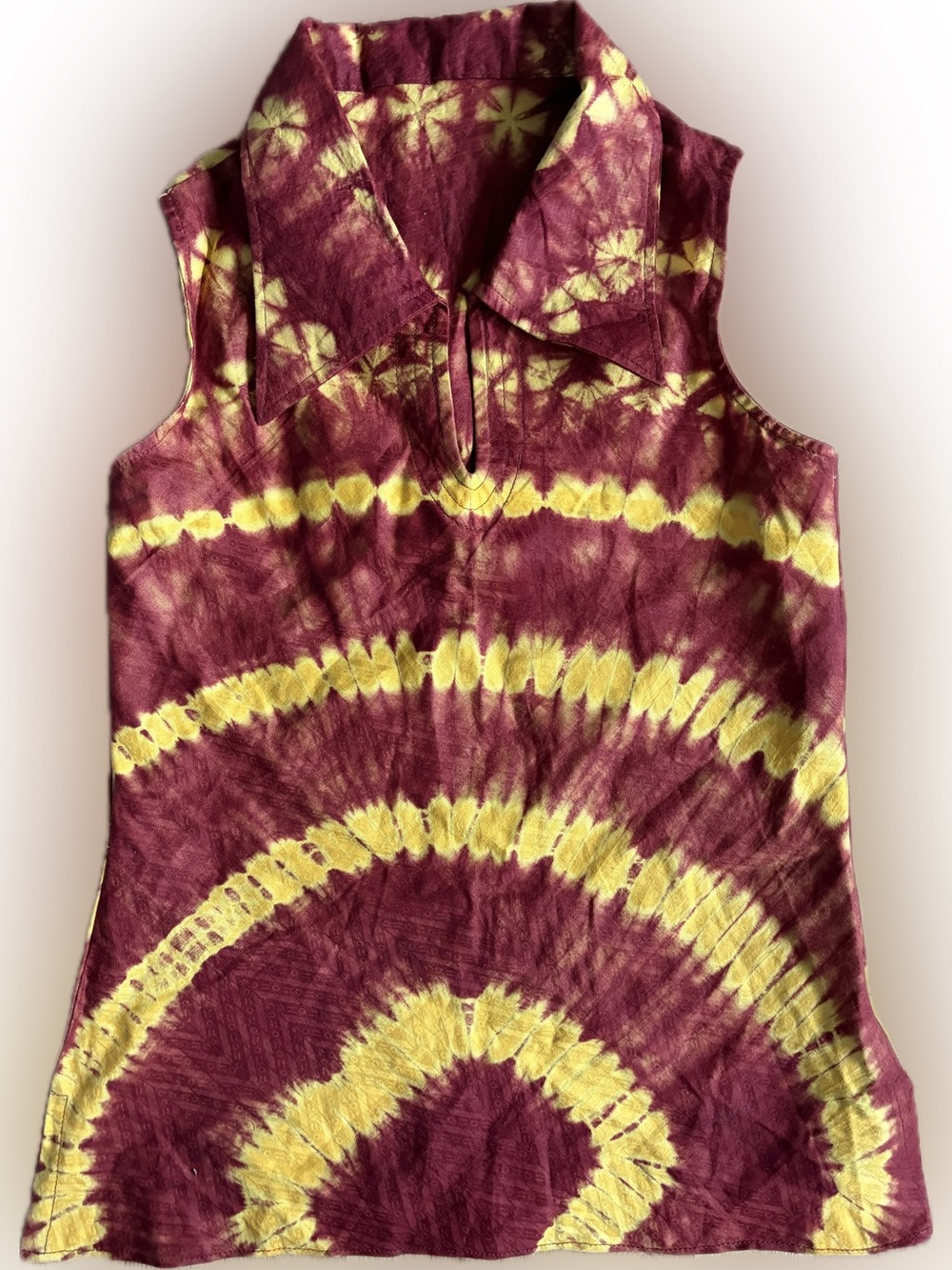 One of a Kind Collared Tie-Dye Sleeveless Tank Top - Burgundy & Yellow